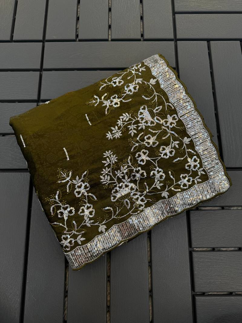 Olive embroidered print Jimmy Choo Saree with stitched blouse