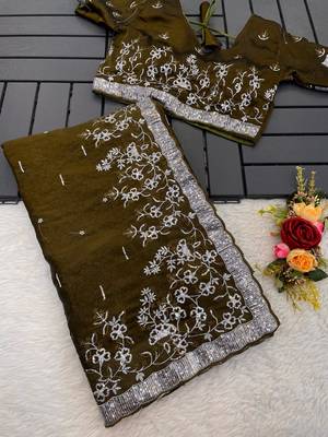 Olive embroidered print Jimmy Choo Saree with stitched blouse 2