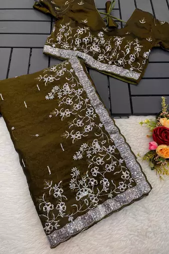 Olive embroidered print Jimmy Choo Saree with stitched blouse