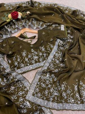 Olive embroidered print Jimmy Choo Saree with stitched blouse 3