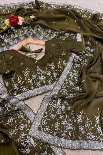 Olive embroidered print Jimmy Choo Saree with stitched blouse