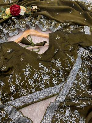 Olive embroidered print Jimmy Choo Saree with stitched blouse 4