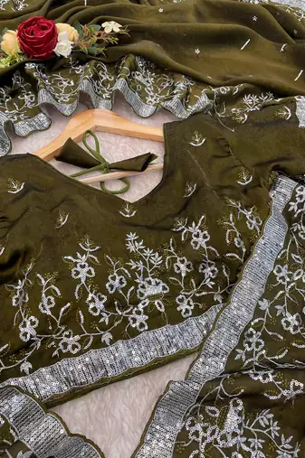 Olive embroidered print Jimmy Choo Saree with stitched blouse