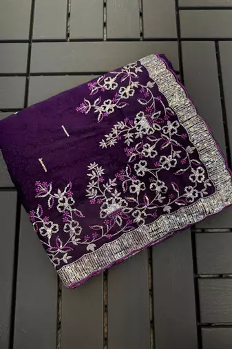 Purple embroidered print Jimmy Choo Saree with stitched blouse