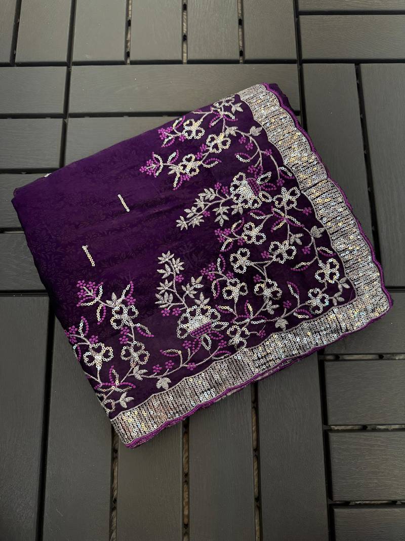 Purple embroidered print Jimmy Choo Saree with stitched blouse