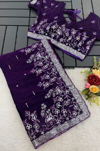 Purple embroidered print Jimmy Choo Saree with stitched blouse