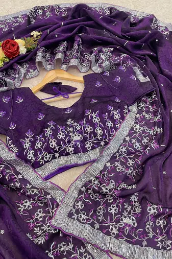 Purple embroidered print Jimmy Choo Saree with stitched blouse