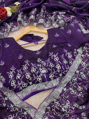 Purple embroidered print Jimmy Choo Saree with stitched blouse 4