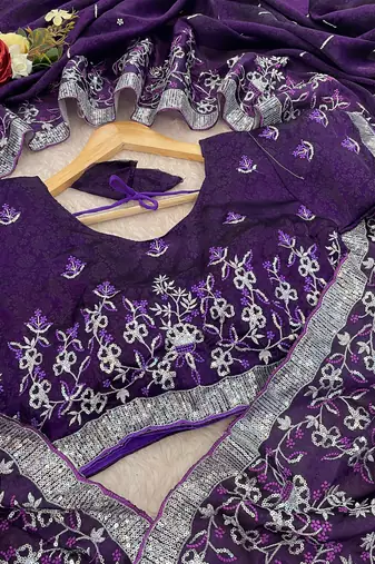 Purple embroidered print Jimmy Choo Saree with stitched blouse