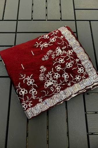 Wine embroidered print Jimmy Choo Saree with stitched blouse