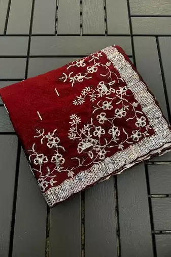 Wine embroidered print Jimmy Choo Saree with stitched blouse