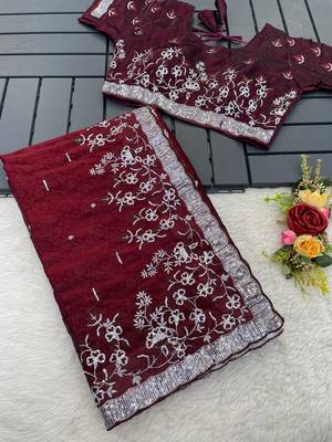 Wine embroidered print Jimmy Choo Saree with stitched blouse 2