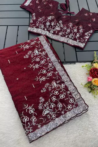 Wine embroidered print Jimmy Choo Saree with stitched blouse