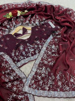 Wine embroidered print Jimmy Choo Saree with stitched blouse 3