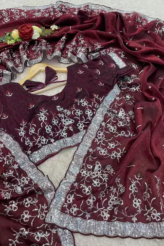 Wine embroidered print Jimmy Choo Saree with stitched blouse