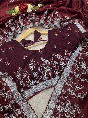 Wine embroidered print Jimmy Choo Saree with stitched blouse 4