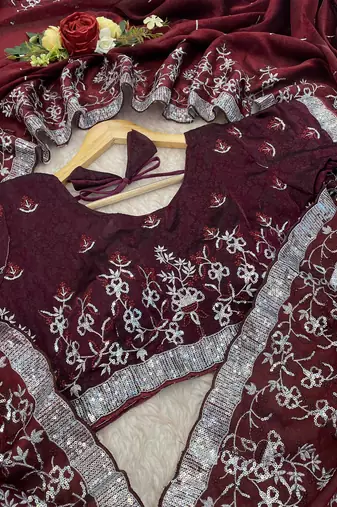 Wine embroidered print Jimmy Choo Saree with stitched blouse