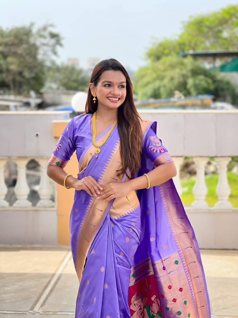 Lavender Maharastrian Paithani silk blend Saree