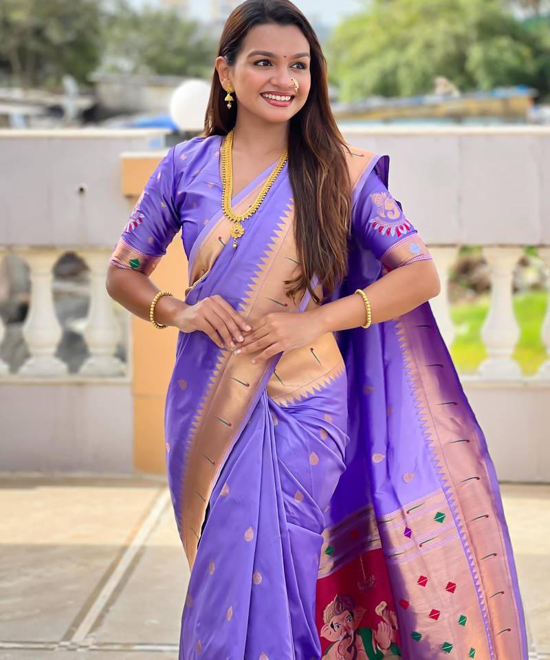 Lavender Maharastrian Paithani silk blend Saree