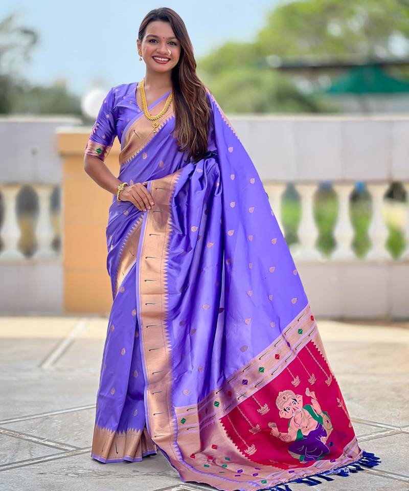 Lavender Maharastrian Paithani silk blend Saree