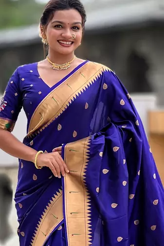 Navy Blue Maharastrian Paithani silk blend Saree