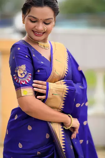 Navy Blue Maharastrian Paithani silk blend Saree