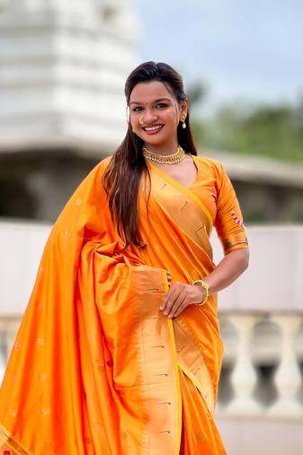 Orange Maharastrian Paithani silk blend Saree