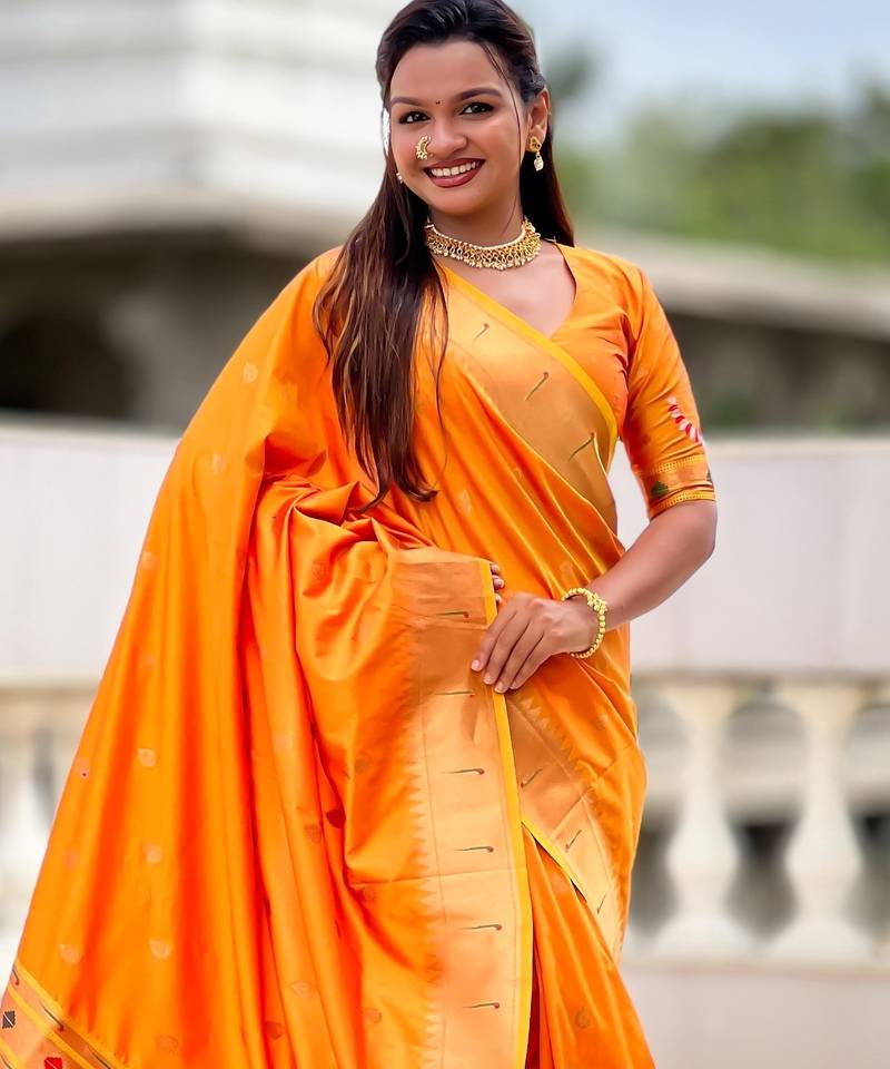 Orange Maharastrian Paithani silk blend Saree