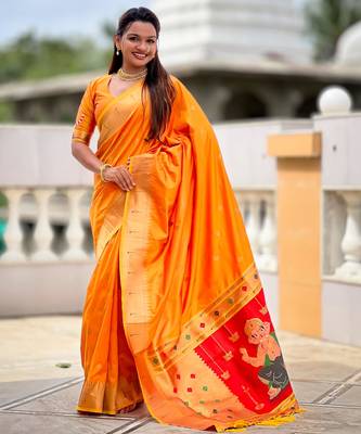 Orange Maharastrian Paithani silk blend Saree 2