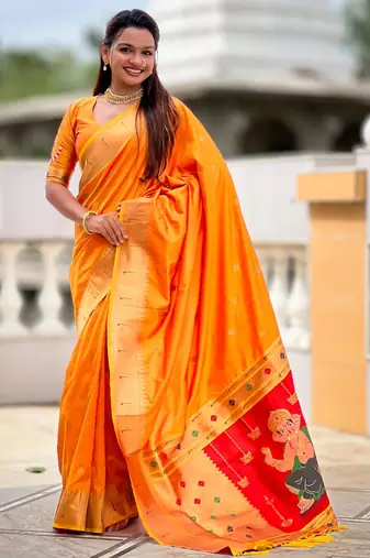 Orange Maharastrian Paithani silk blend Saree
