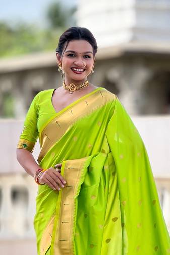 Parrot Green Maharastrian Paithani silk blend Saree