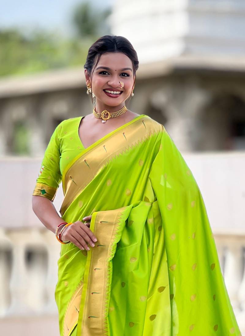 Parrot Green Maharastrian Paithani silk blend Saree