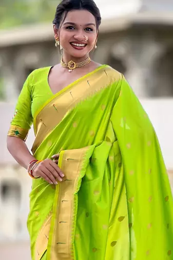 Parrot Green Maharastrian Paithani silk blend Saree