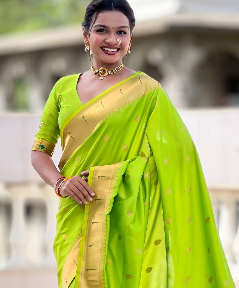 Parrot Green Maharastrian Paithani silk blend Saree