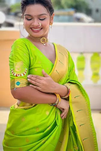 Parrot Green Maharastrian Paithani silk blend Saree