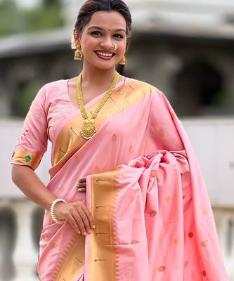 Pink Maharastrian Paithani silk blend Saree 1