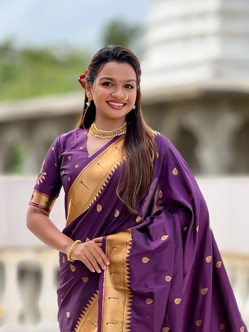Plum Maharastrian Paithani silk blend Saree