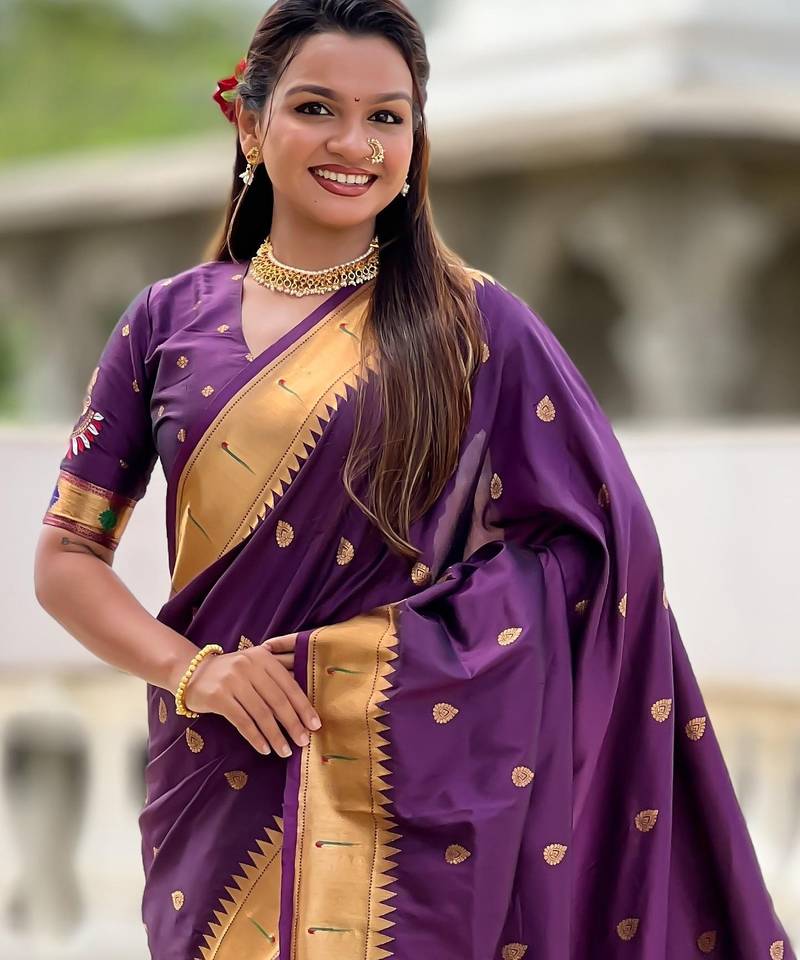 Plum Maharastrian Paithani silk blend Saree