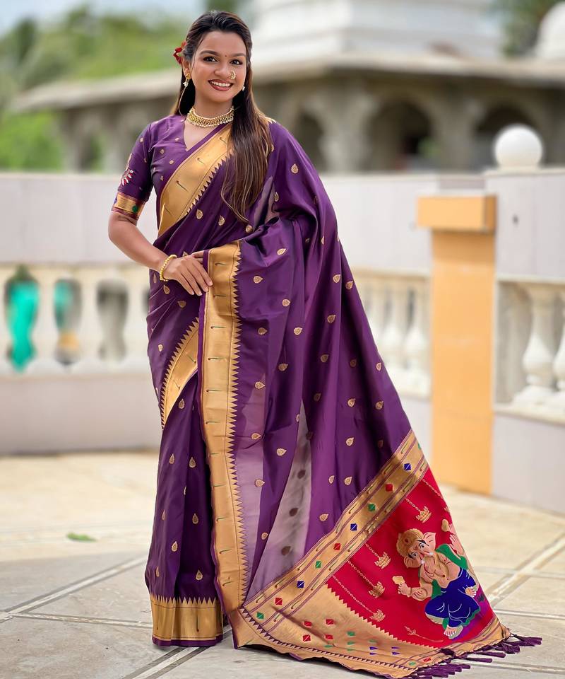 Plum Maharastrian Paithani silk blend Saree