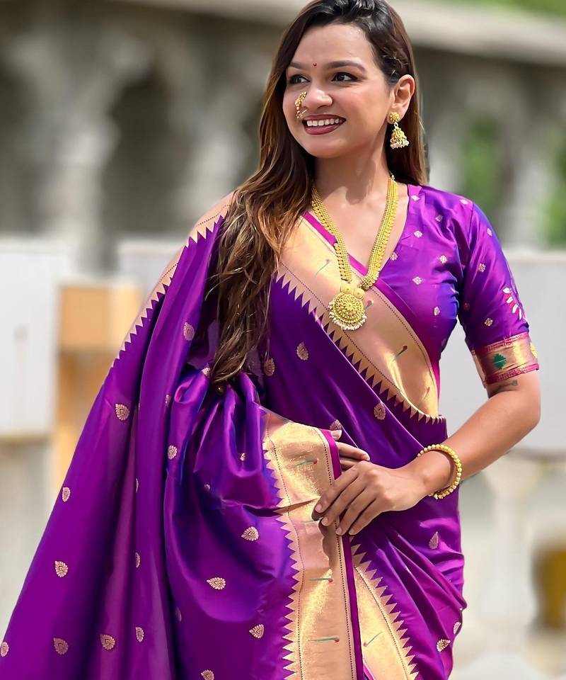 Purple Maharastrian Paithani silk blend Saree