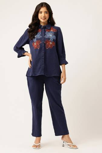 Purna cadet blue embroidered cotton co ord set