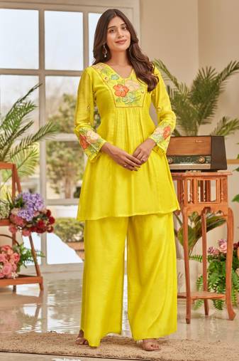 Gaurisha kelly yellow embroidered linen blend co ord set