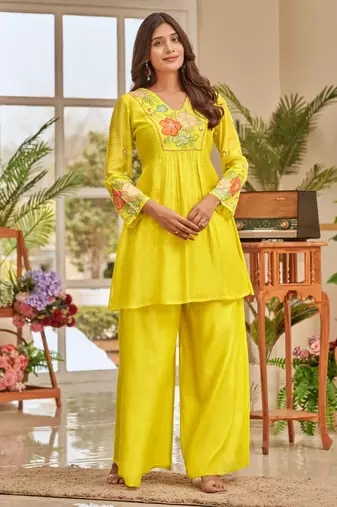 Gaurisha kelly yellow embroidered linen blend co ord set