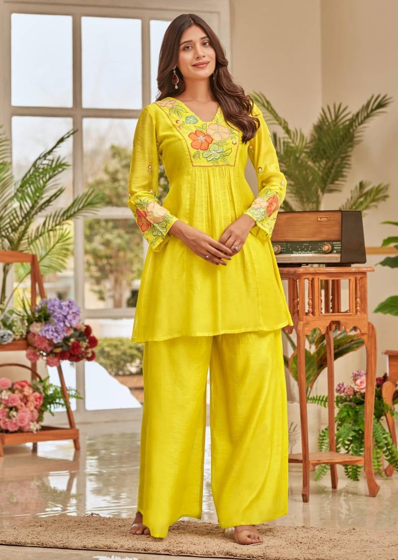 Gaurisha kelly yellow embroidered linen blend co ord set
