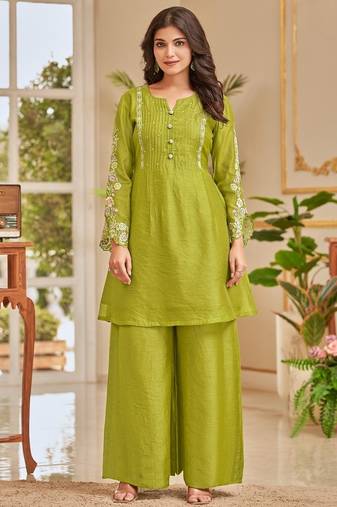 Gaurisha barf green embroidered linen blend co ord set