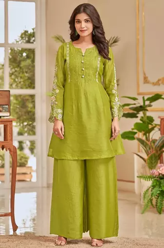 Gaurisha barf green embroidered linen blend co ord set