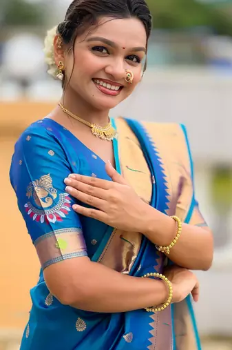 Teal Maharastrian Paithani silk blend Saree