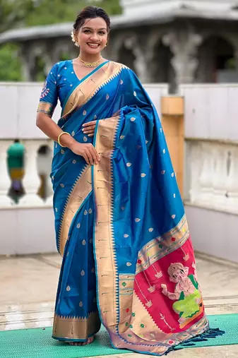 Teal Maharastrian Paithani silk blend Saree