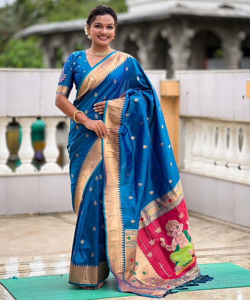 Teal Maharastrian Paithani silk blend Saree