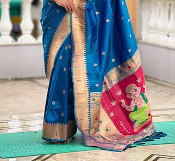 Teal Maharastrian Paithani silk blend Saree 3